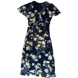 Jessica Howard Faux Wrap Dress Navy Blue & Yellow Floral Size 16